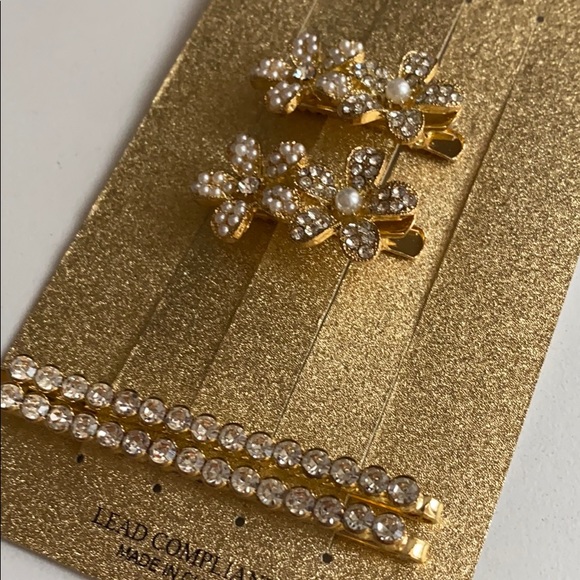 Hair pins pearl gold stones Floral Bridal party - Picture 2 of 14